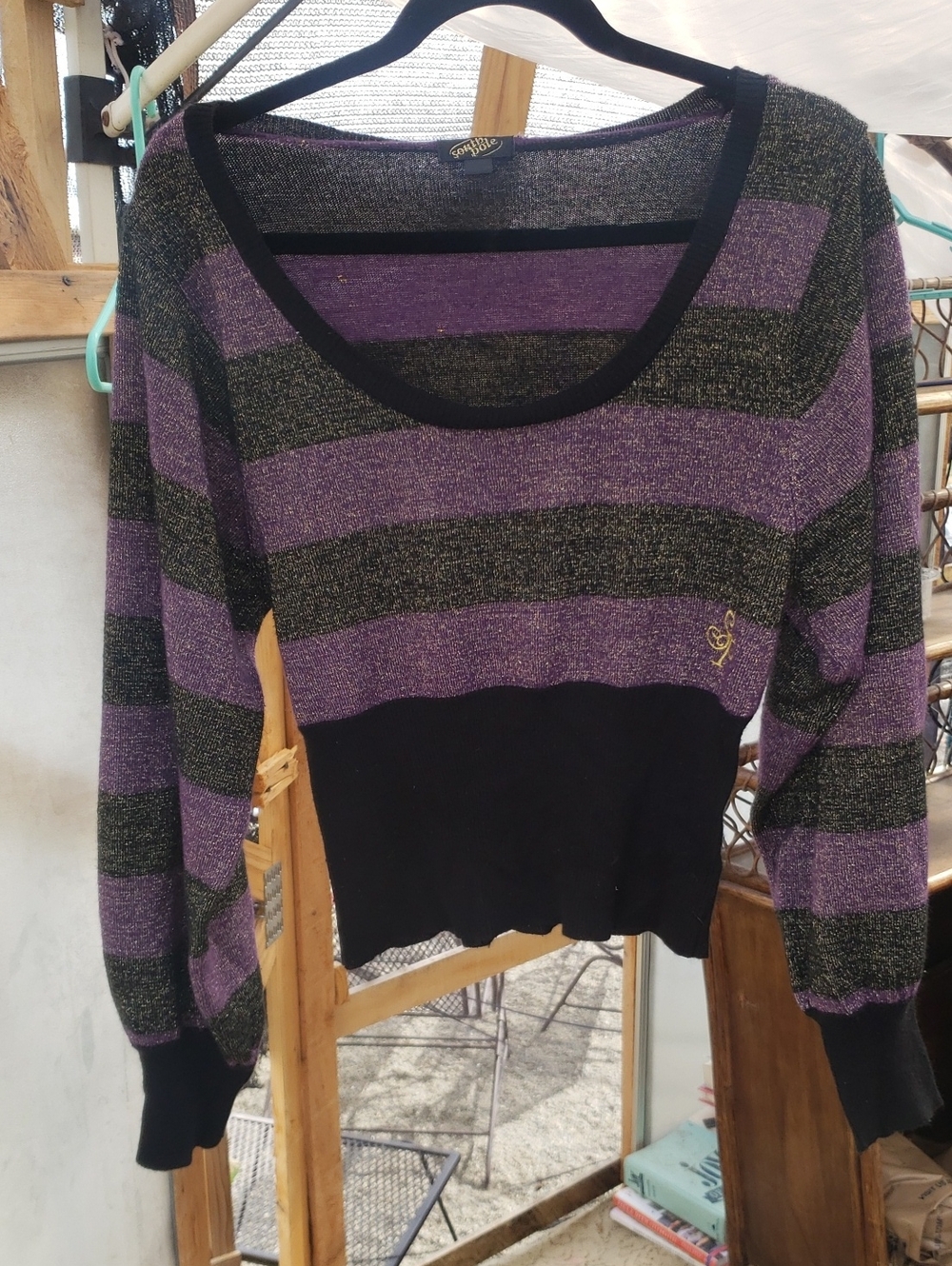 VTG Southpole Sz Lg Metallic Glitter Striped Crop Knit Sweater Purple Black Y2K